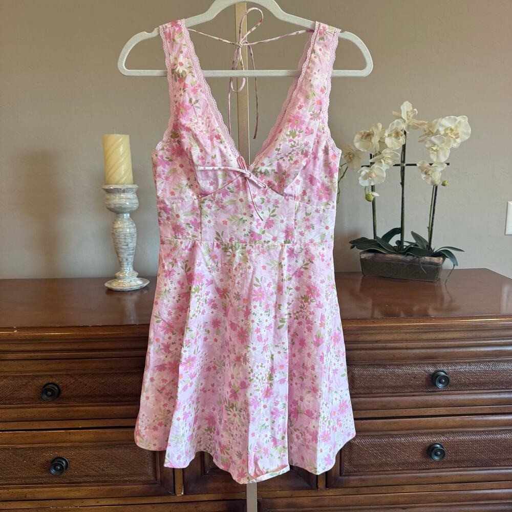 NWT Altar’d State Pink Floral Lace Trim Tie Back Mini Dress Small - Picture 2 of 9